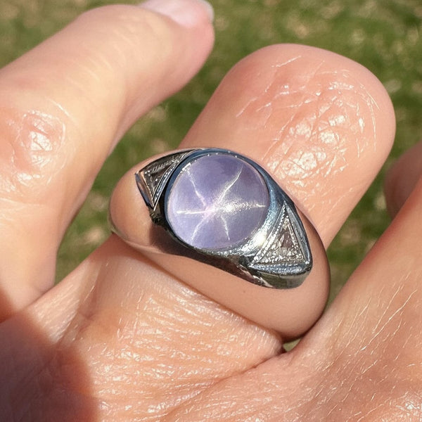 14K White Gold Trillion Diamond Star Sapphire Ring, Dome Signet