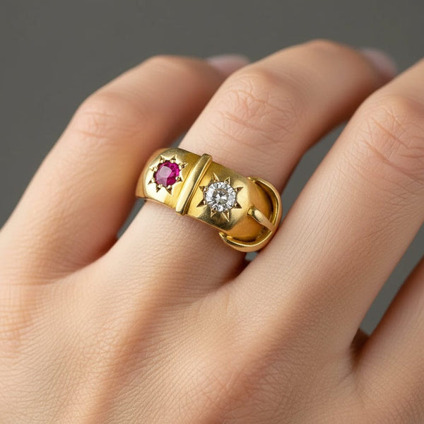 Antique Victorian 18K Gold Ruby Diamond Buckle Ring