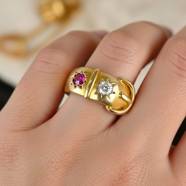 Antique Victorian 18K Gold Ruby Diamond Buckle Ring