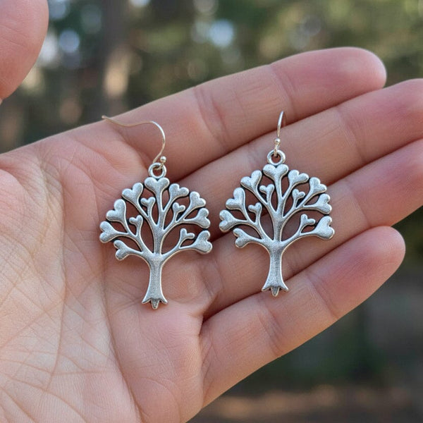Vintage Silver Tree of Life Heart Earrings - Boylerpf