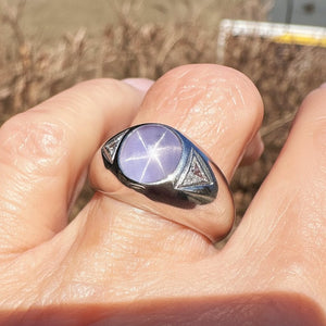 14K White Gold Trillion Diamond Star Sapphire Ring, Dome Signet - Boylerpf