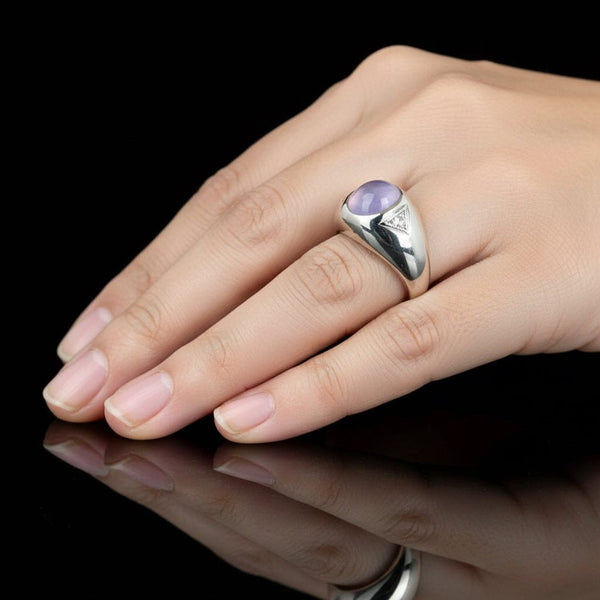 14K White Gold Trillion Diamond Star Sapphire Ring, Dome Signet