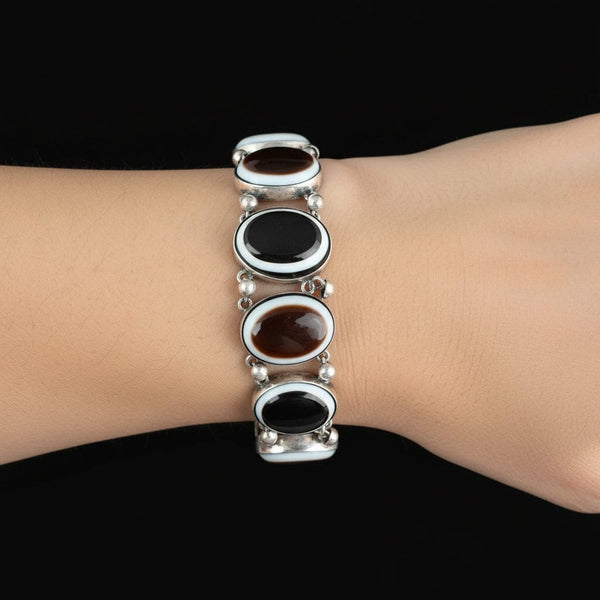 Antique Victorian Silver BullsEye Banded Agate Bracelet