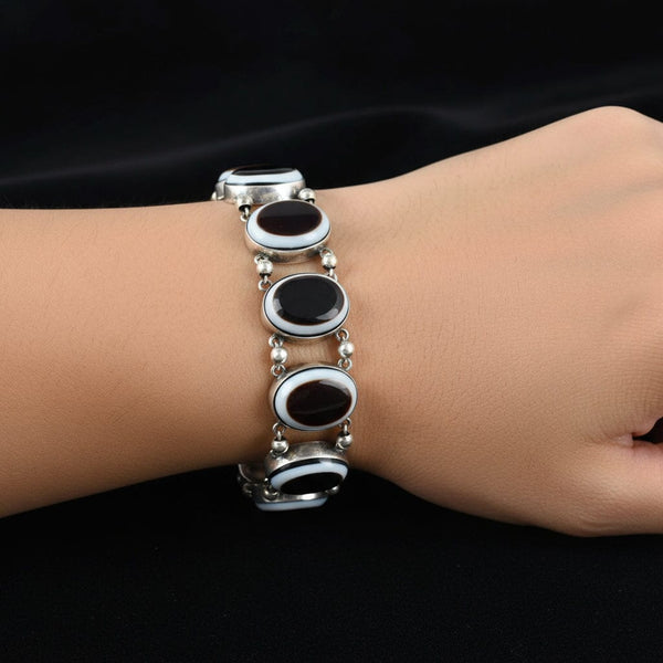 Antique Victorian Silver BullsEye Banded Agate Bracelet