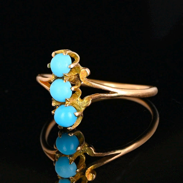 Antique 14K Gold Three Stone Turquoise Cabochon Ring