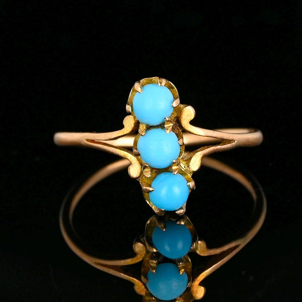 Antique 14K Gold Three Stone Turquoise Cabochon Ring