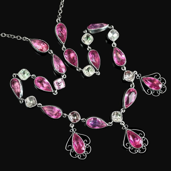 Antique Silver Victorian French Paste Pink Sapphire Necklace - Boylerpf