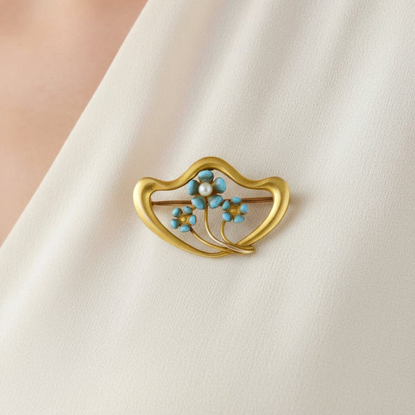 Antique 10K Gold Blue Enamel Pearl Forget Me Not Brooch - Boylerpf