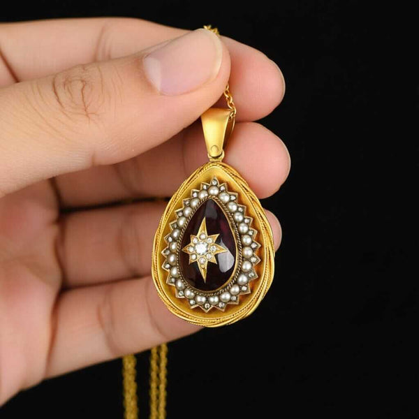 Antique Victorian Garnet Pearl Diamond Pendant 15K Gold - Boylerpf