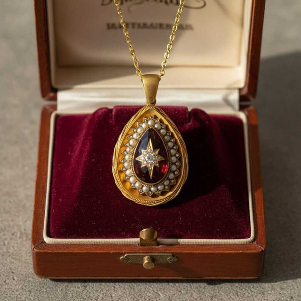 Antique Victorian Garnet Pearl Diamond Pendant 15K Gold - Boylerpf