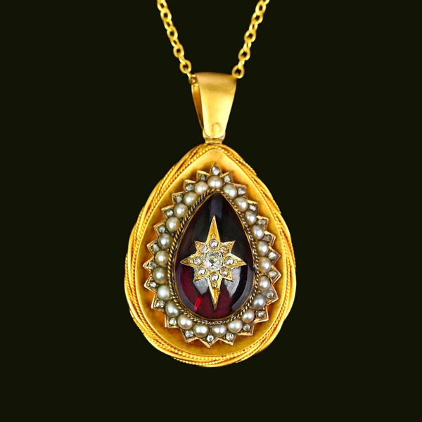 Antique Victorian Garnet Pearl Diamond Pendant 15K Gold - Boylerpf