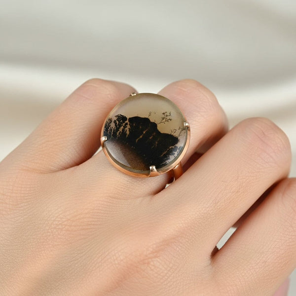 Antique Edwardian 14K Gold Large Dendritic Agate Ring