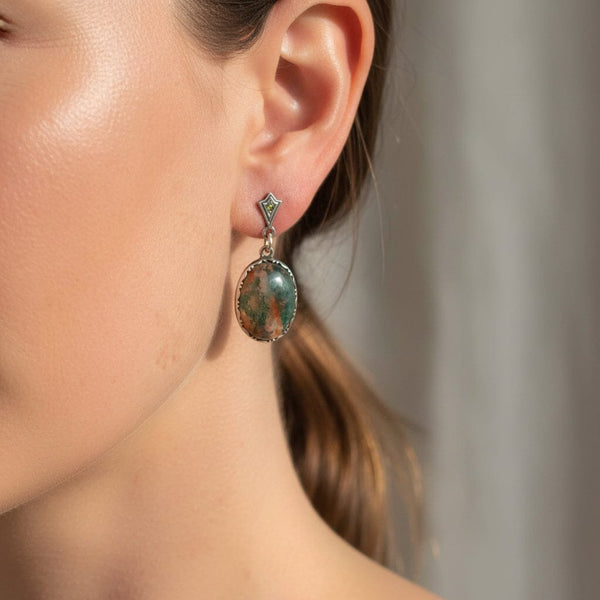 Silver Art Deco Marcasite Moss Agate Earrings