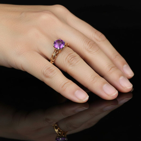 Vintage 14K Gold Filigree Solitaire Amethyst Ring