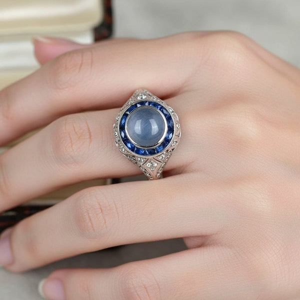 Art Deco Platinum Filigree Diamond Star Sapphire Ring