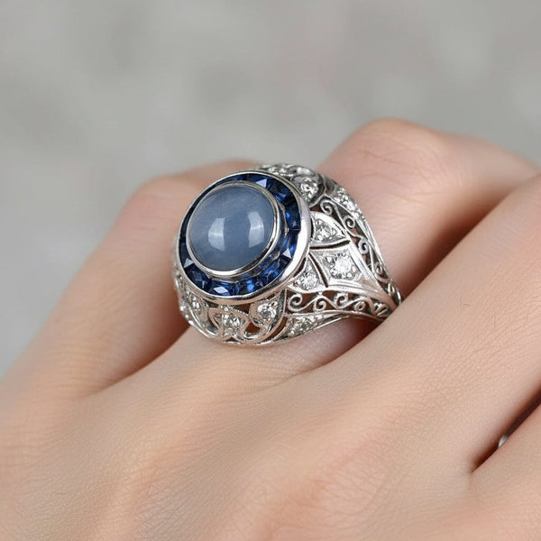 Art Deco Platinum Filigree Diamond Star Sapphire Ring