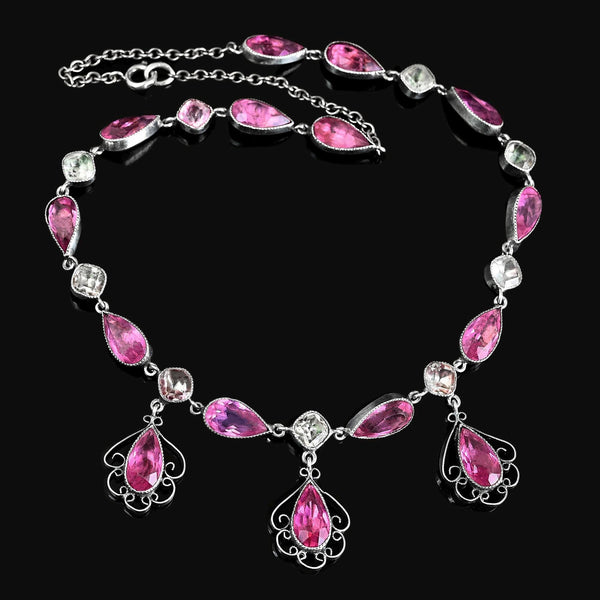 Antique Silver Victorian French Paste Pink Sapphire Necklace - Boylerpf