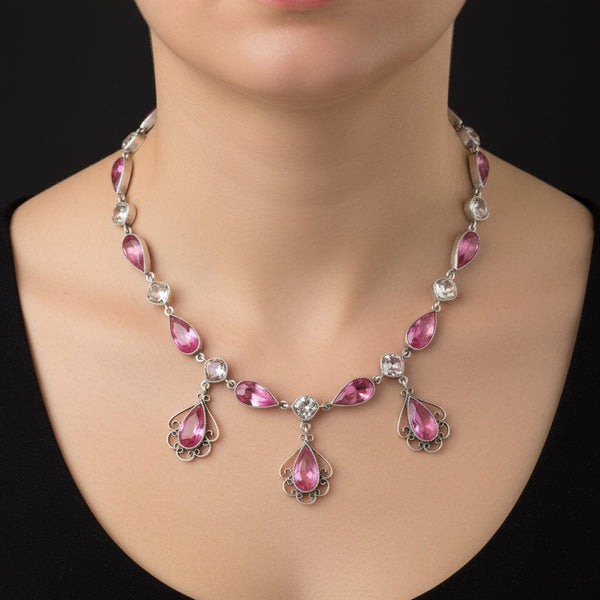 Antique Silver Victorian French Paste Pink Sapphire Necklace - Boylerpf