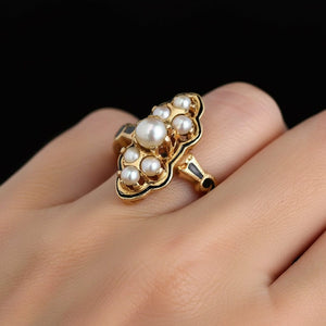 Vintagae Marquis Shape 14K Gold Black Enamel Pearl Ring - Boylerpf