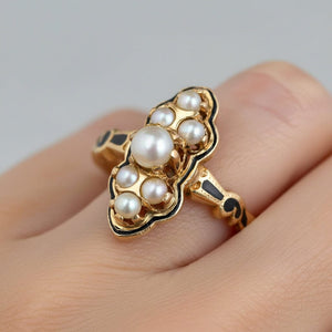 Vintage Pearl Enamel Cocktail Ring 14K Gold Statement - Boylerpf
