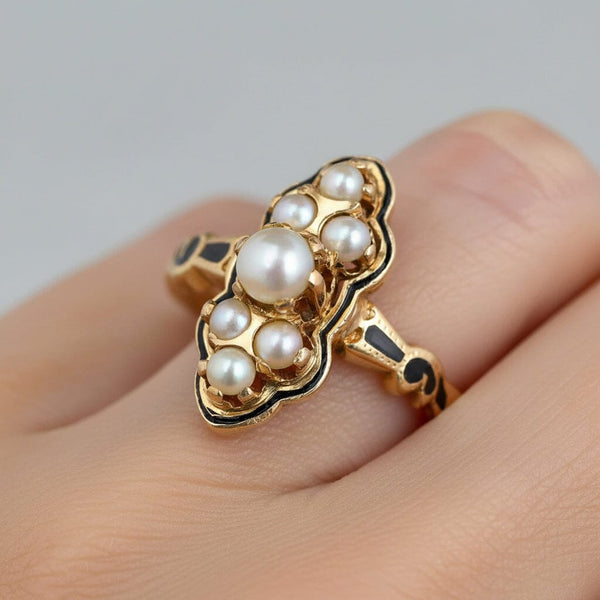 Vintage Pearl Enamel Cocktail Ring 14K Gold Statement - Boylerpf