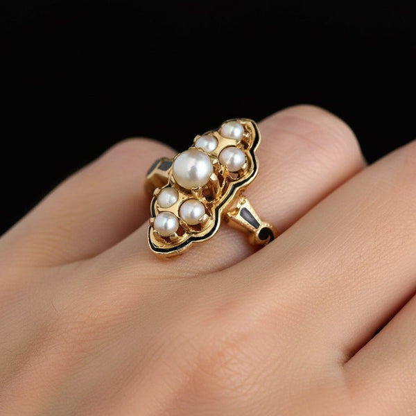 Vintagae Marquis Shape 14K Gold Black Enamel Pearl Ring