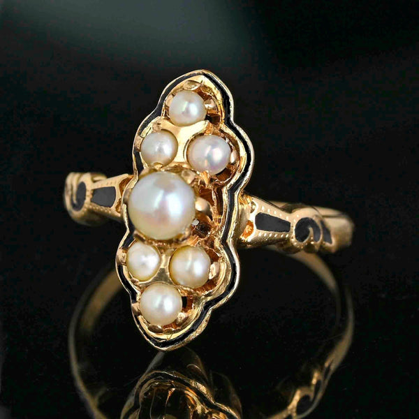 Vintage Pearl Enamel Cocktail Ring 14K Gold Statement - Boylerpf