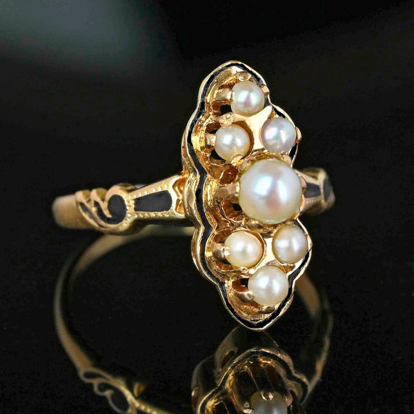 Vintage Pearl Enamel Cocktail Ring 14K Gold Statement - Boylerpf
