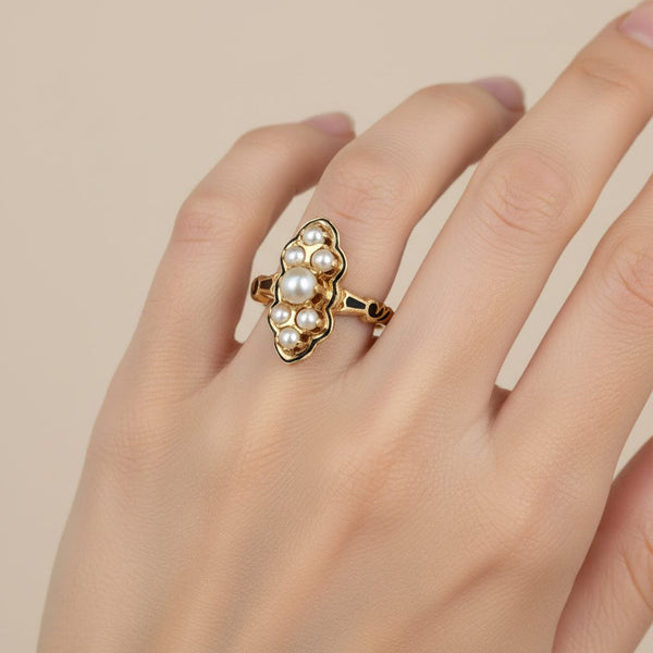 Vintagae Marquis Shape 14K Gold Black Enamel Pearl Ring