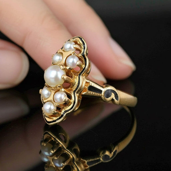 Vintagae Marquis Shape 14K Gold Black Enamel Pearl Ring