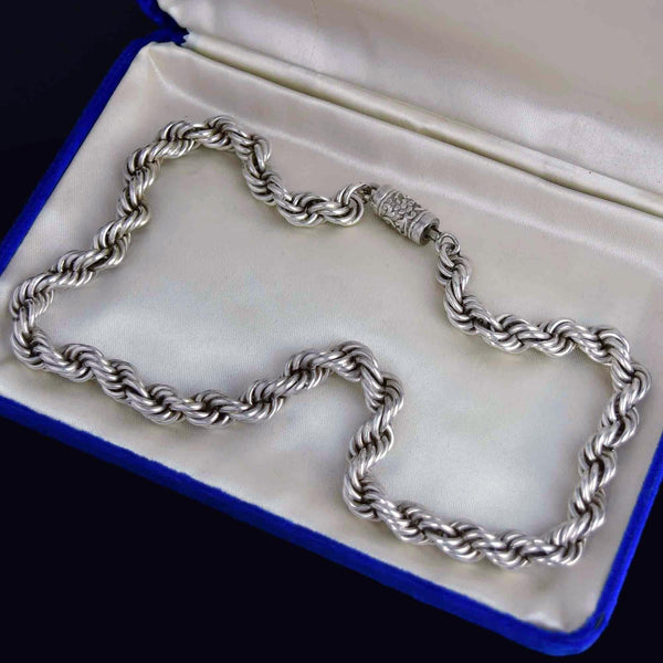 Antique Sterling Silver Twisted Rope Chain Necklace, 90.4 Grams