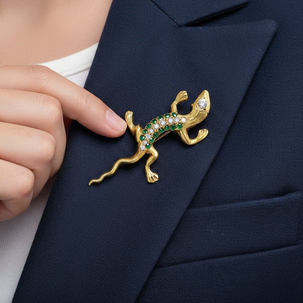 Antique 14K Gold Emerald & Rose Cut Diamond Salamander Brooch - Boylerpf