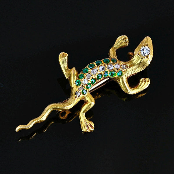 Antique 14K Gold Emerald & Rose Cut Diamond Salamander Brooch - Boylerpf