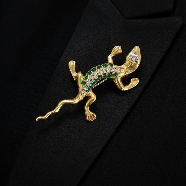 Antique 14K Gold Emerald & Rose Cut Diamond Salamander Brooch - Boylerpf
