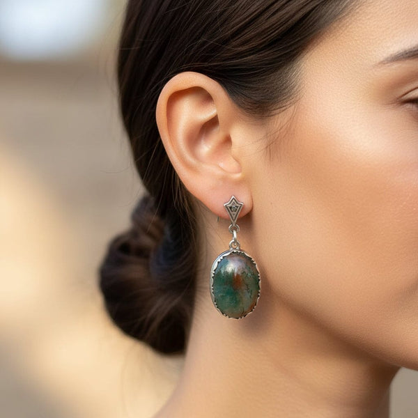 Silver Art Deco Marcasite Moss Agate Earrings