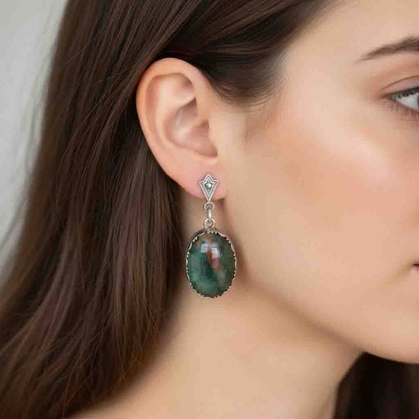 Silver Art Deco Marcasite Moss Agate Earrings