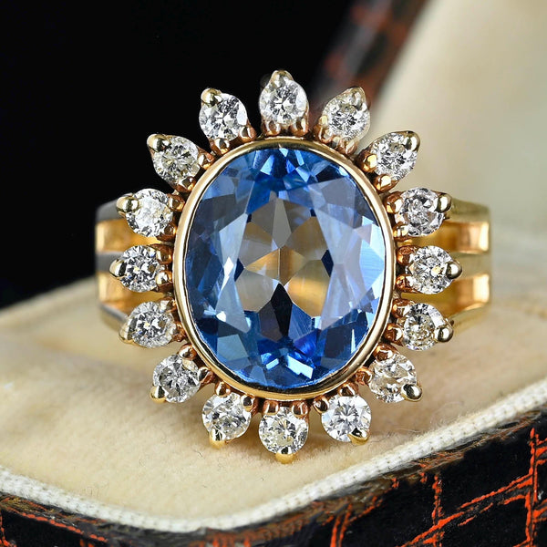 Vintage 14K Gold Diamond Halo Cluster Blue Topaz Ring - Boylerpf