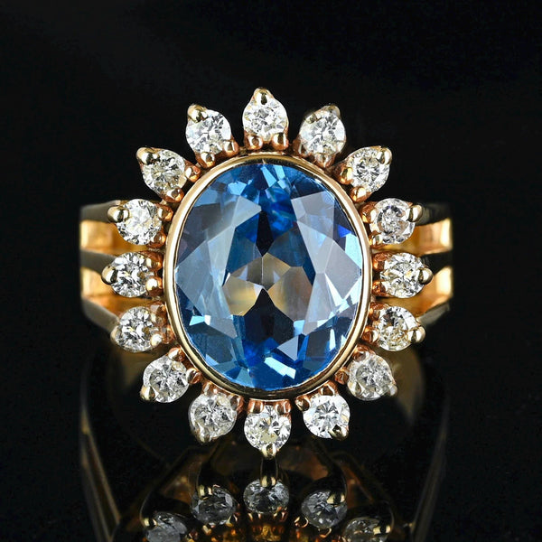 Vintage 14K Gold Diamond Halo Cluster Blue Topaz Ring - Boylerpf