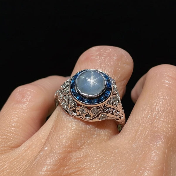 Art Deco Platinum Filigree Diamond Star Sapphire Ring
