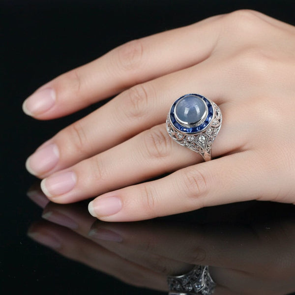 Art Deco Platinum Filigree Diamond Star Sapphire Ring