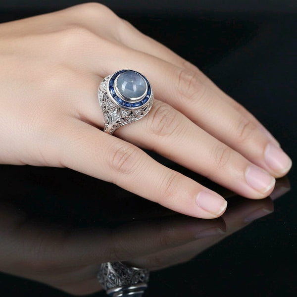 Art Deco Platinum Filigree Diamond Star Sapphire Ring