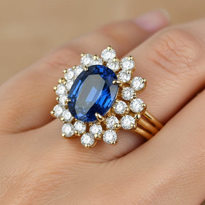 Vintage 14K Gold Double Halo Diamond Sapphire Ring - Boylerpf