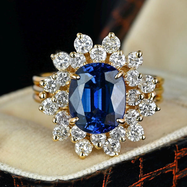 Vintage 14K Gold Double Halo Diamond Sapphire Ring - Boylerpf