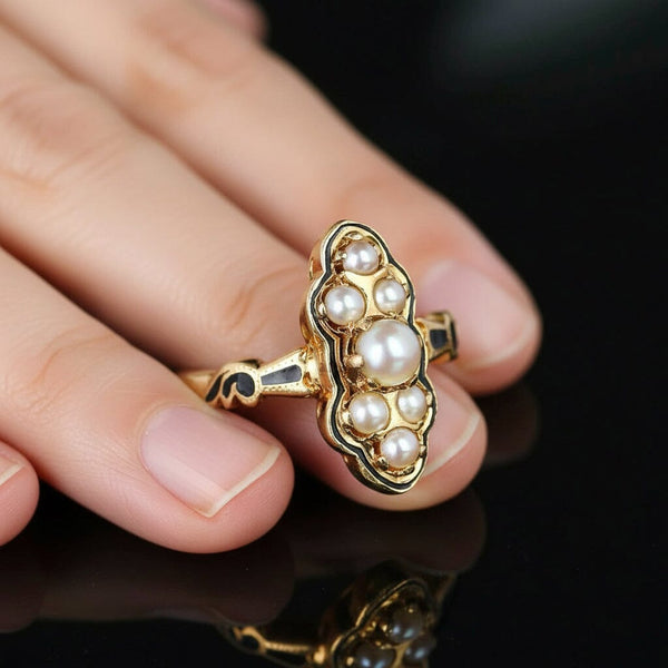 Vintagae Marquis Shape 14K Gold Black Enamel Pearl Ring