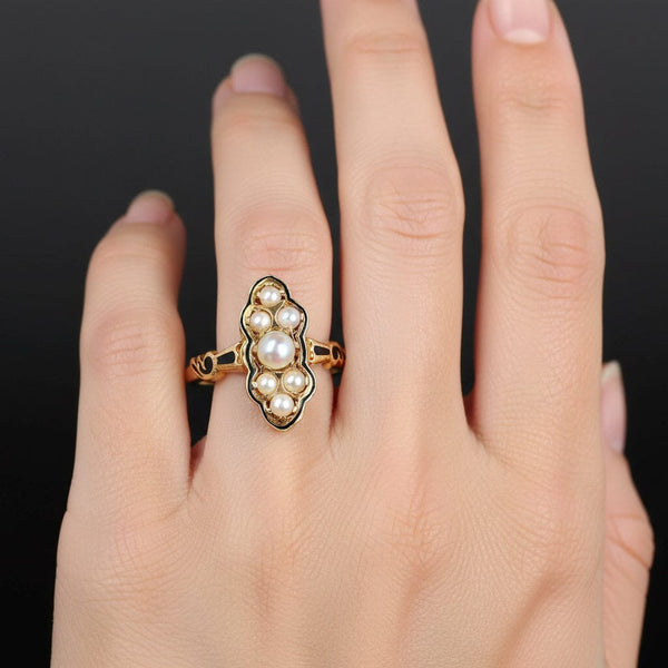Vintage Pearl Enamel Cocktail Ring 14K Gold Statement - Boylerpf