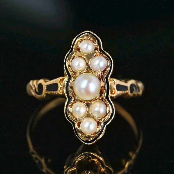 Vintage Pearl Enamel Cocktail Ring 14K Gold Statement - Boylerpf