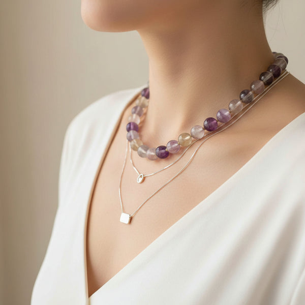 Vintage Silver Large Natural Purple Fluorite Bead Necklace - Boylerpf