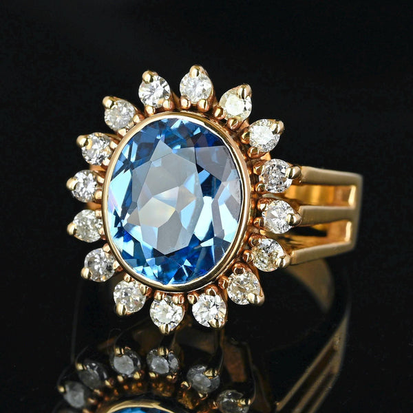Vintage 14K Gold Diamond Halo Cluster Blue Topaz Ring - Boylerpf
