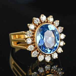 Vintage 14K Gold Diamond Halo Cluster Blue Topaz Ring - Boylerpf