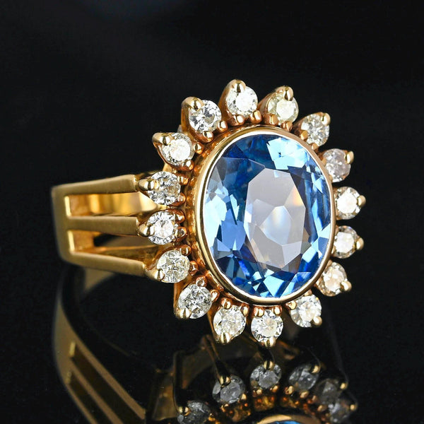 Vintage 14K Gold Diamond Halo Cluster Blue Topaz Ring - Boylerpf